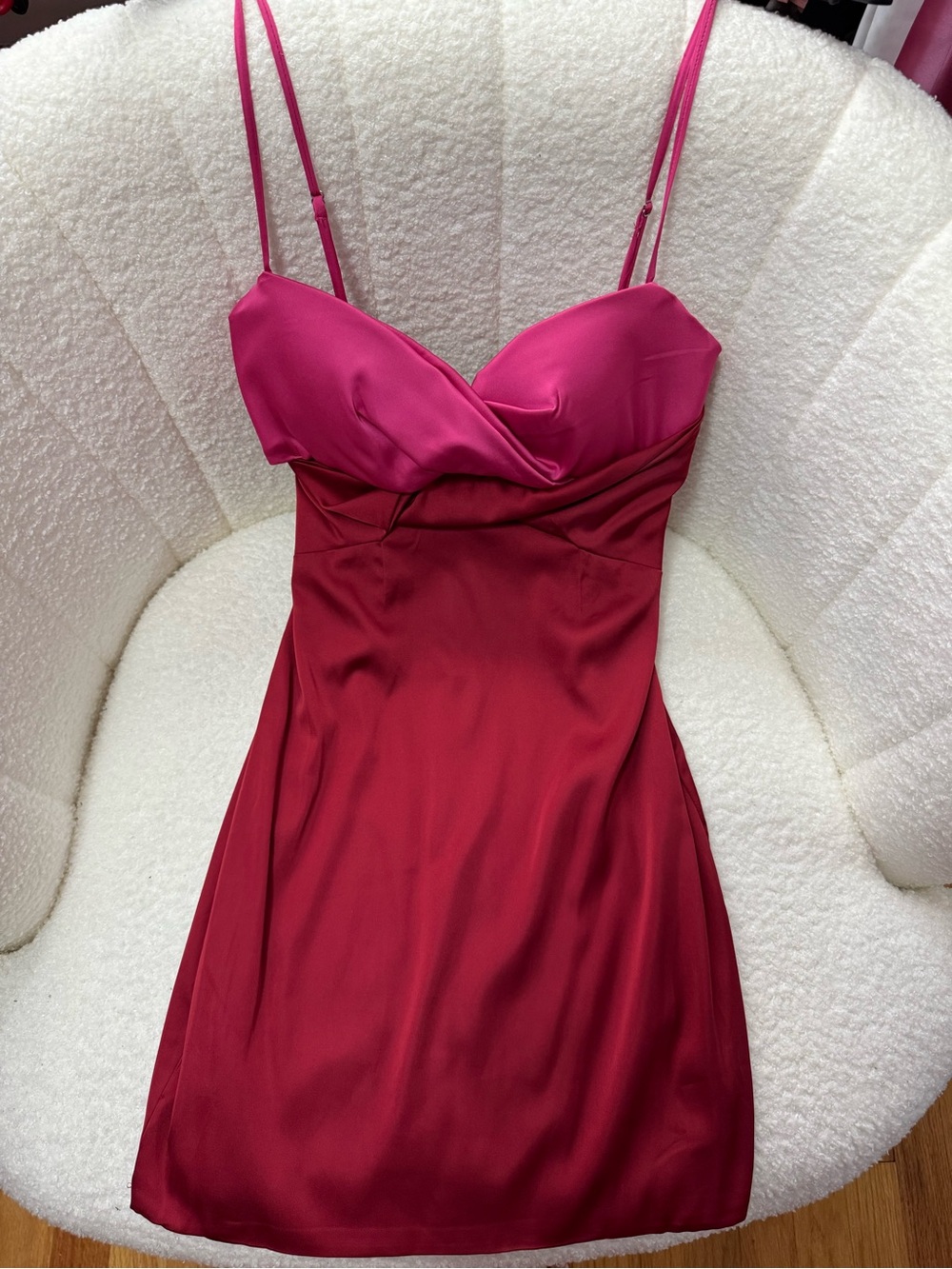 Oh Polly Two-Tone Satin Mini Dress in Hot Pink & Cherry Red in Size US4